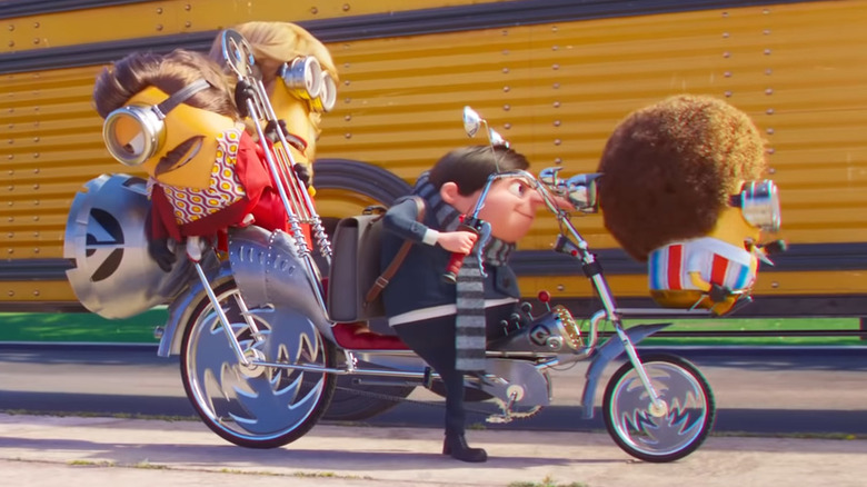 Gru and Minions riding on jet bike