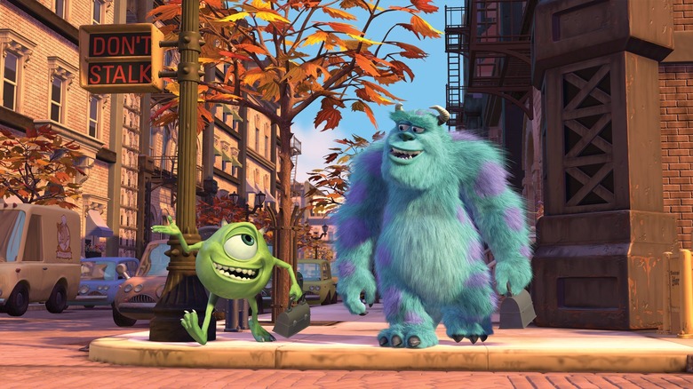 Mike and Sulley walk to work in Monsters, Inc.