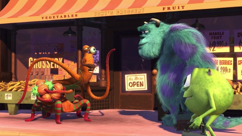 Tony the Grocer chatting with Mike and Sulley