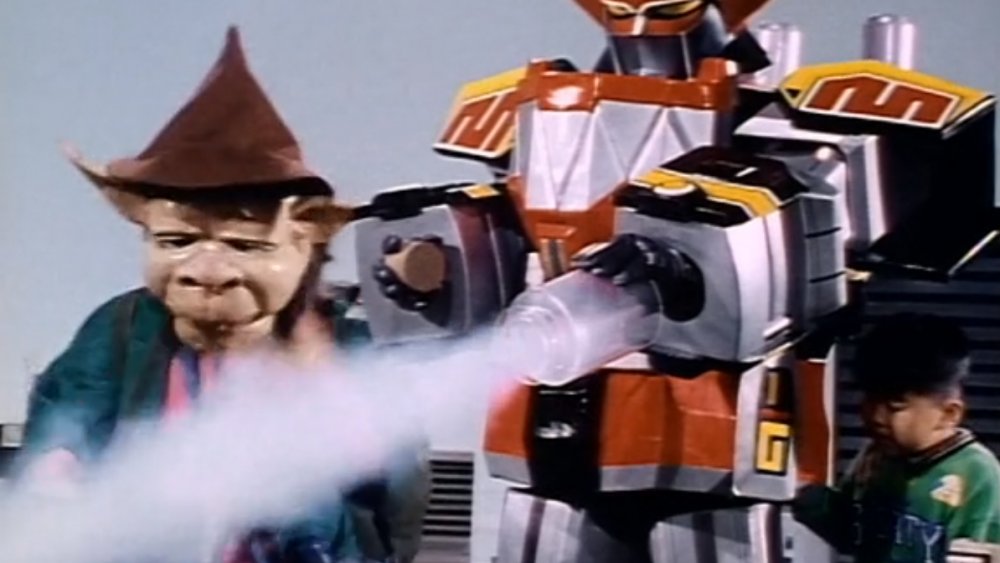 Mr. Ticklesneezer, the Megazord, and Shinsuke Watanabe as an unidentified giant boy in "Mighty Morphin Power Rangers"