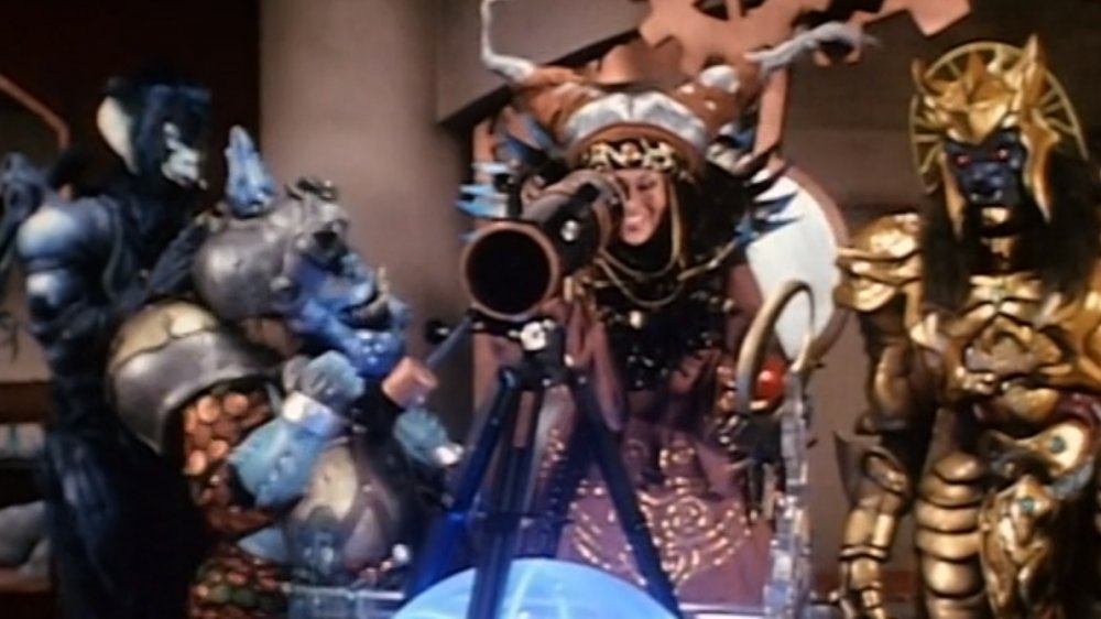 Baboo, Squat, Machiko Soga as Rita Repulsa, and Goldar in "Mighty Morphin Power Rangers"