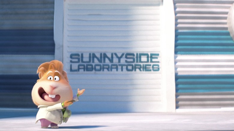 Professor Marmalade gesturing towards a door that reads "Sunnyside Laboratories"