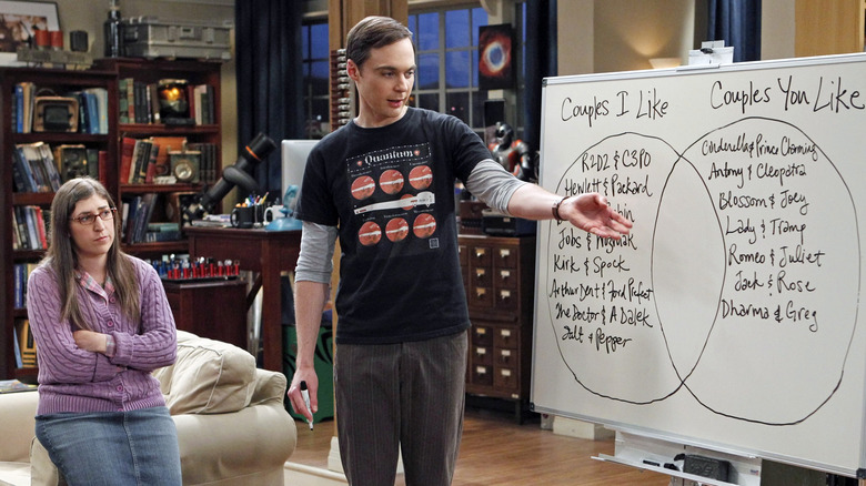 Amy and Sheldon go over couples costume ideas in "The Holographic Excitation"