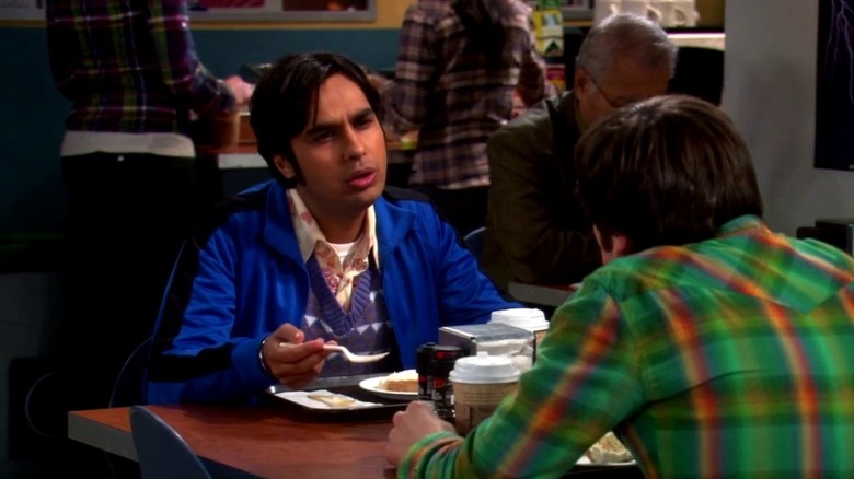 Raj talks to Howard in the cafeteria in "The Bus Pants Utilization"