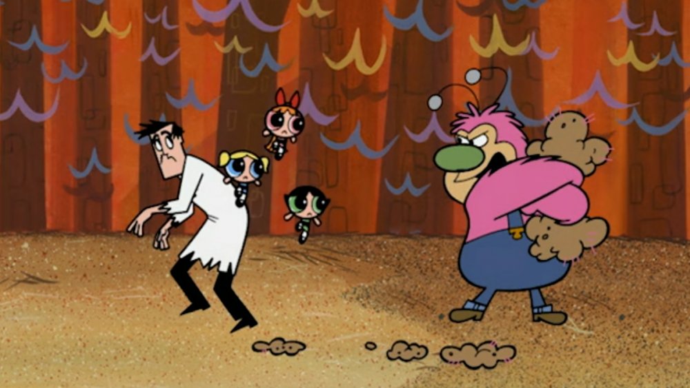 Professor Utonium, Bubbles, Blossom, Buttercup, Fuzzy Lumpkins, and a pile of mud in "Powerpuff Girls"