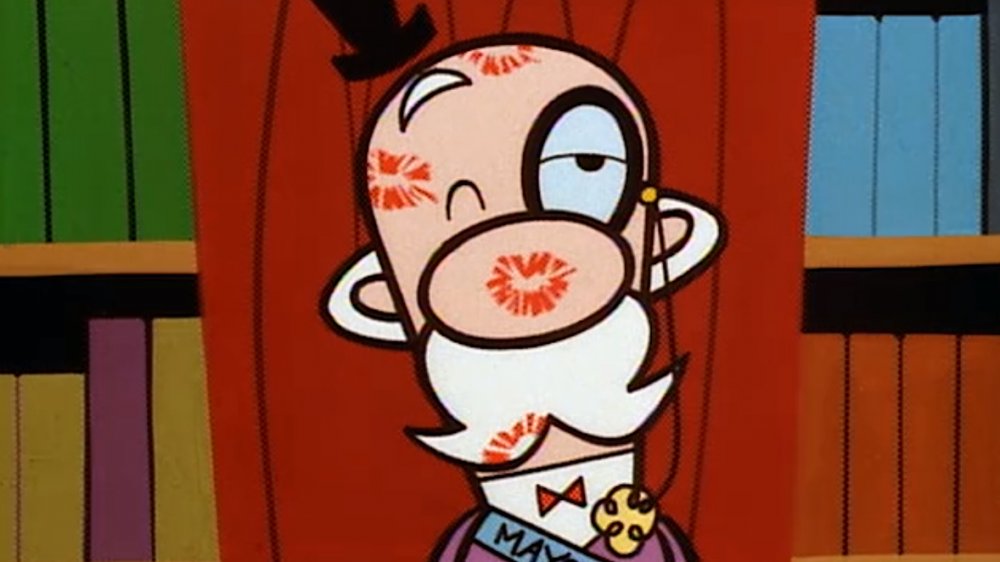 The Mayor of Townsville, covered in kiss marks, on "The Powerpuff Girls"