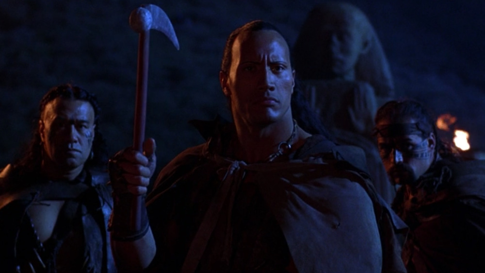 The Rock as Mathayus and his companions in The Scorpion King