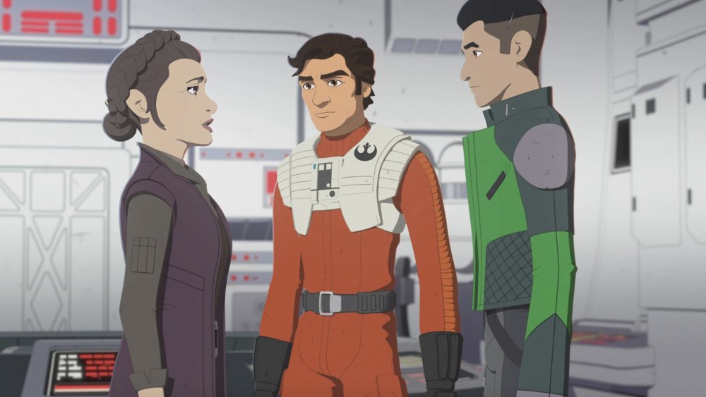 Kazuda Xiono meets General Organa for the first time, alongside Poe Dameron, from Star Wars Resistance