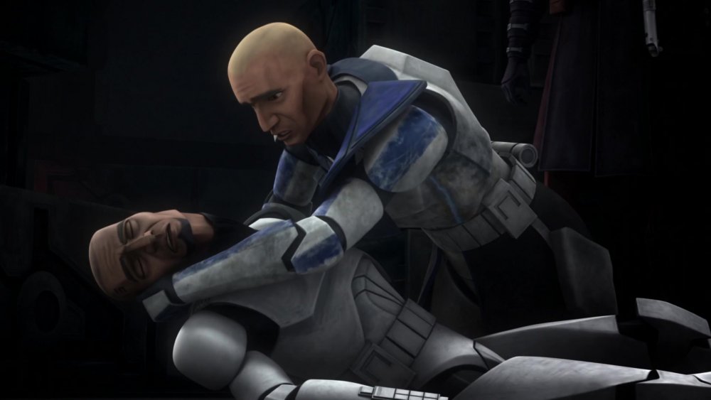 Five dies in the arms of his brother Rex after discovering the horrible truth of their purpose, from Star Wars: The Clone Wars