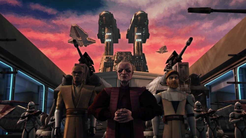 Supreme Chancellor Palpatine stands above his grand army, flanked by Jedi, from Star Wars: The Clone Wars