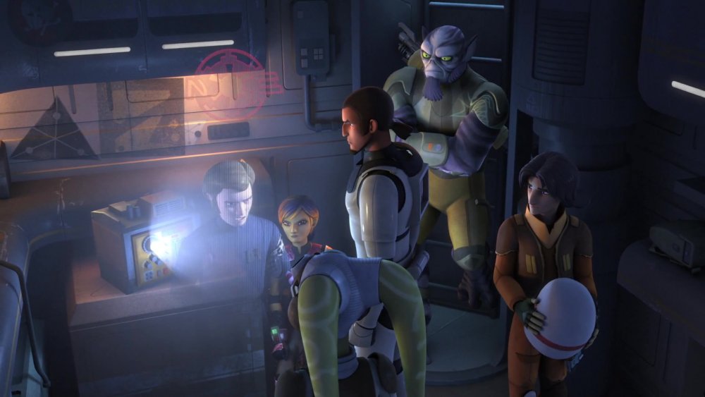 The Spectres watch an Imperial broadcast framing them for the death of a defecting Imperial officer, from Star Wars Rebels