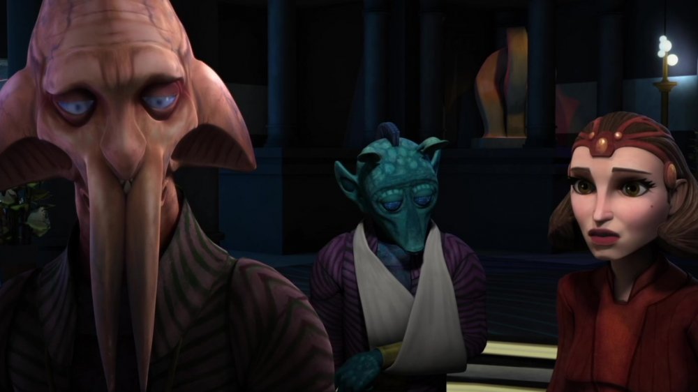 Anti-war Senators Afar and Amidala attempt to convince Senator Christo to vote against expanding the war effort, from Star Wars: The Clone Wars