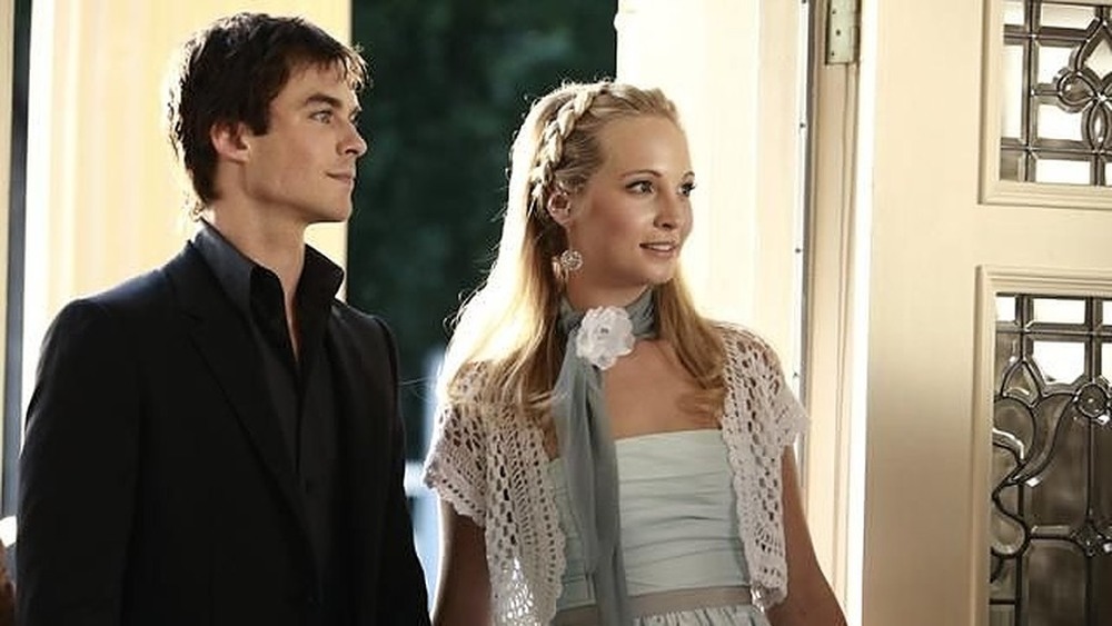 Damon and Caroline smiling