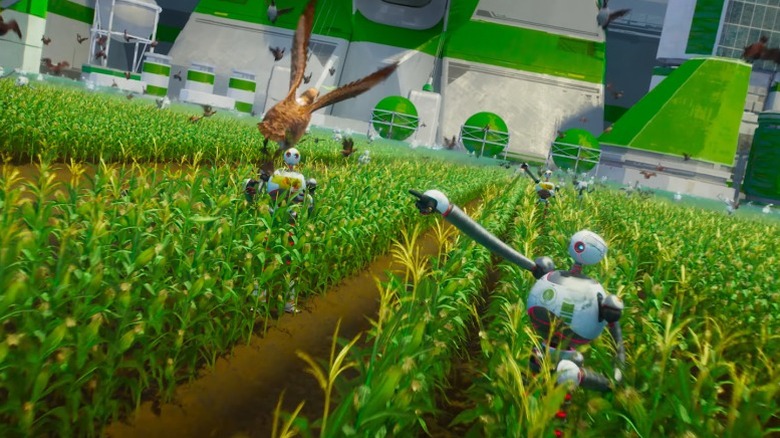 Robots pointing at geese flying through greenhouse