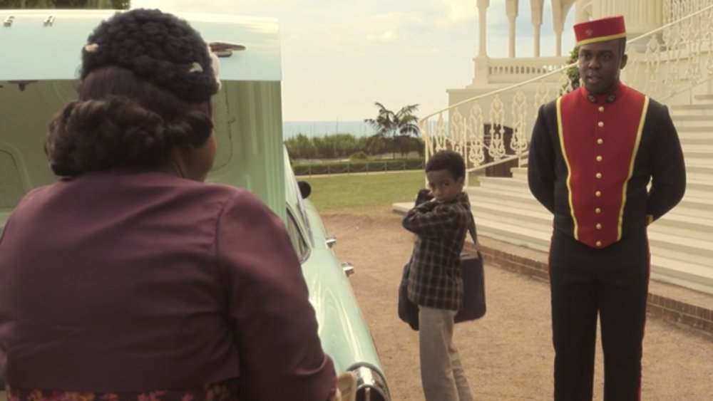 Octavia Spencer as Grandma and Jahzir Kadeem Bruno as Charlie arrive at the hotel in The Witches