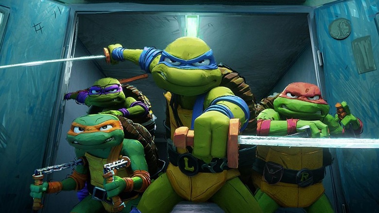 The turtles fighting with their weapons