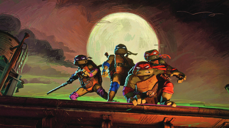 The turtles perched on a rooftop