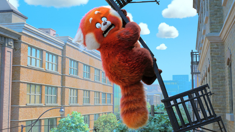 Mei as the red panda holding onto a fire escape