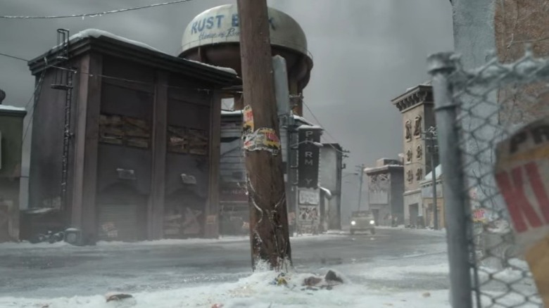 A car driving on a dilapidated street in Rust Bank