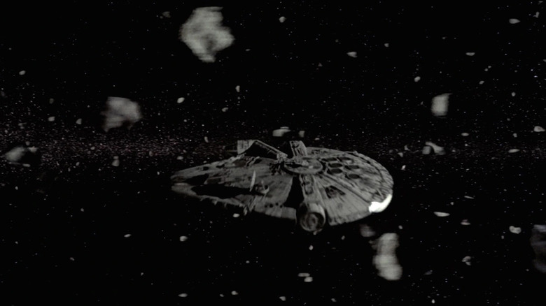 The Millennium Falcon flies through asteroid field