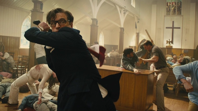 Harry wielding a fire ax in a church fight