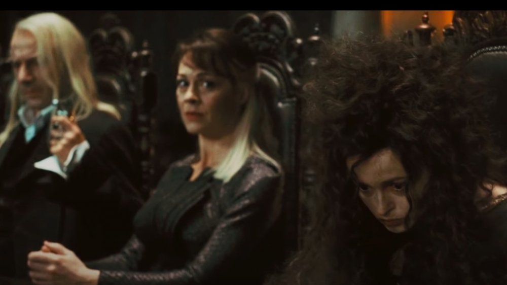 Lucius Malfoy, Narcissa Malfoy, and Bellatrix Lestrange in Malfoy Manor in Harry Potter and the Deathly Hallows -- Part 1