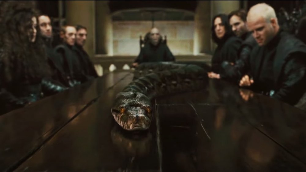 The Death Eaters, Voldemort, and Nagini assembled in Malfoy Manor in Harry Potter and the Deathly Hallows -- Part 1