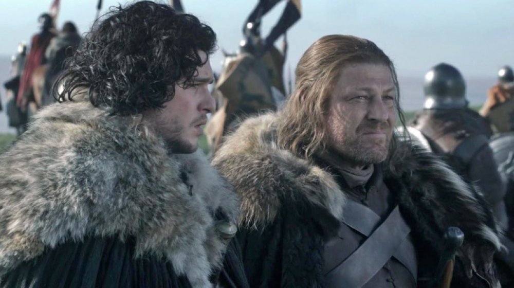 Sean Bean as Ned Stark, conferring with Kit Harington as Jon Snow in Game of Thrones