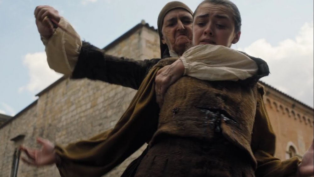 Maisie Williams  as Arya Stark sporting a major abdominal wound in Game of Thrones