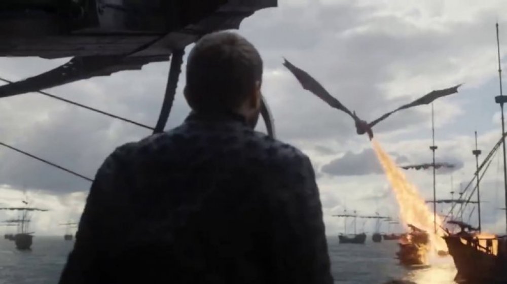 Pilou Asbæk as Euron Greyjoy, watching Daenerys' dragon approach in Game of Thrones