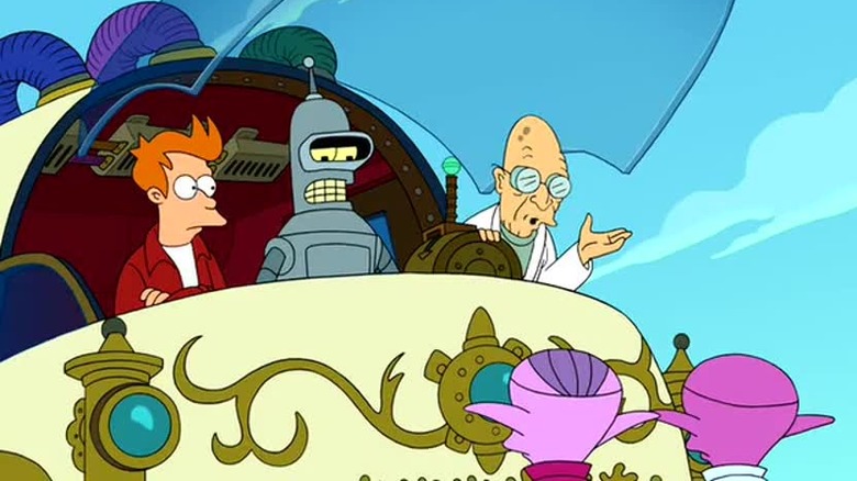 Fry, Bender, and Farnsworth in time machine