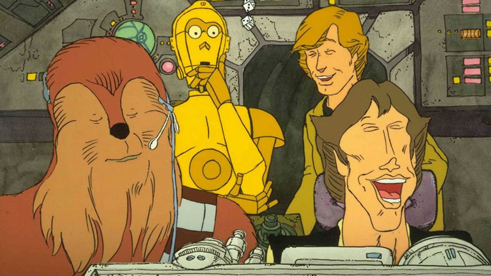 Chewbacca, C-3PO, Luke Skywalker, and Han Solo as cartoons in The Star Wars Holiday Special 