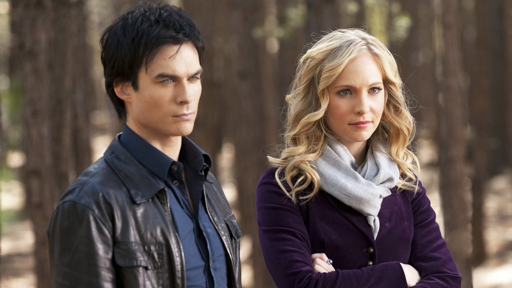 Damon and Caroline in the woods