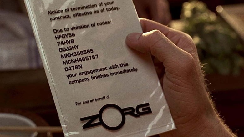 Korben holding Zorg notice of termination