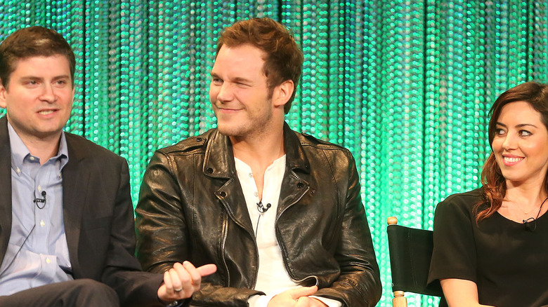 Chris Pratt at a Parks and Recreation panel with Mike Schur and Aubrey Plaza