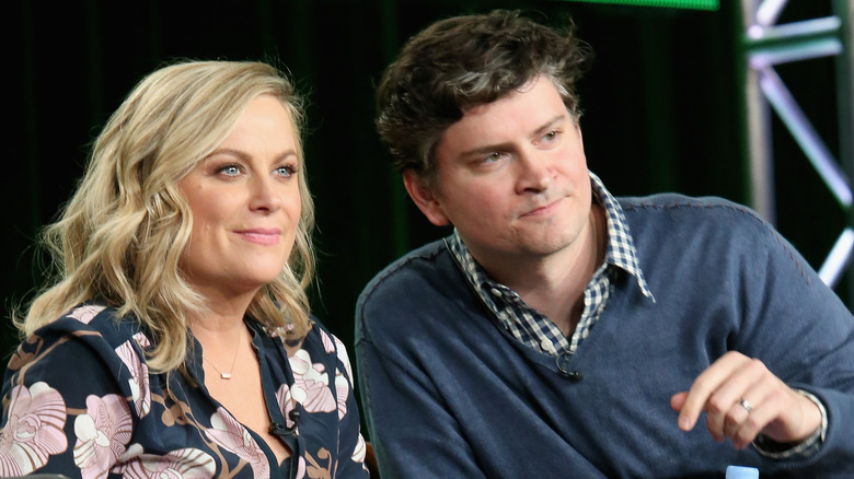 Amy Poehler and Mike Schur at a panel for "Parks and Recreation"