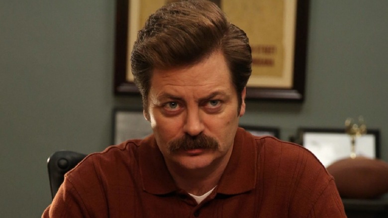 Ron Swanson talking to the camera in "Parks & Recreation"