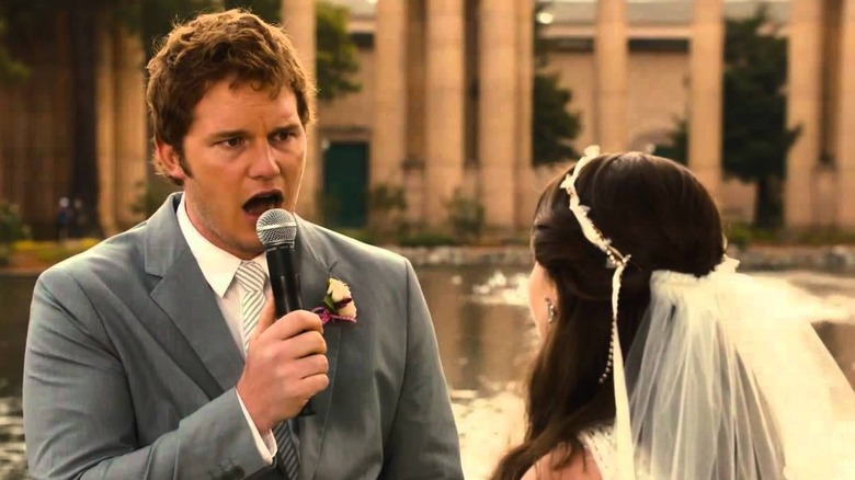 Chris Pratt talking into microphone