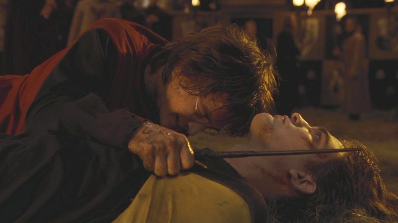 Harry Potter crying over dead Cedric