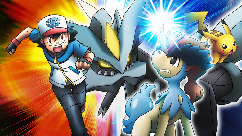 Ash, Kyurem, Keldeo, and Pikachu