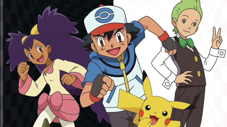 Iris, Ash, Pikachu, and Cilan