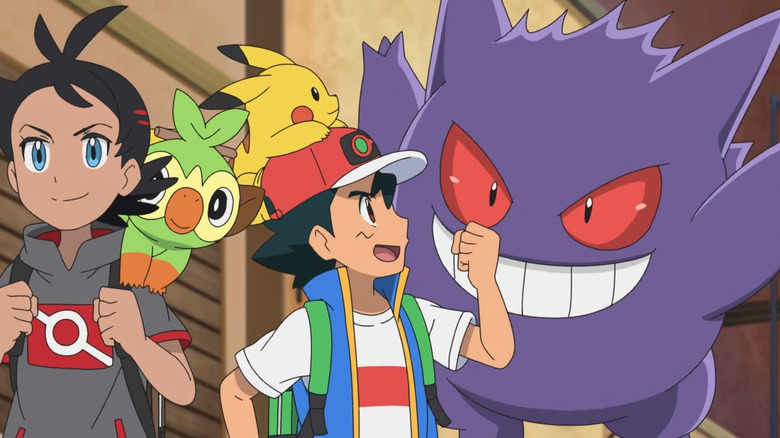 Goh, Grookey, Ash, Pikachu, and Gengar