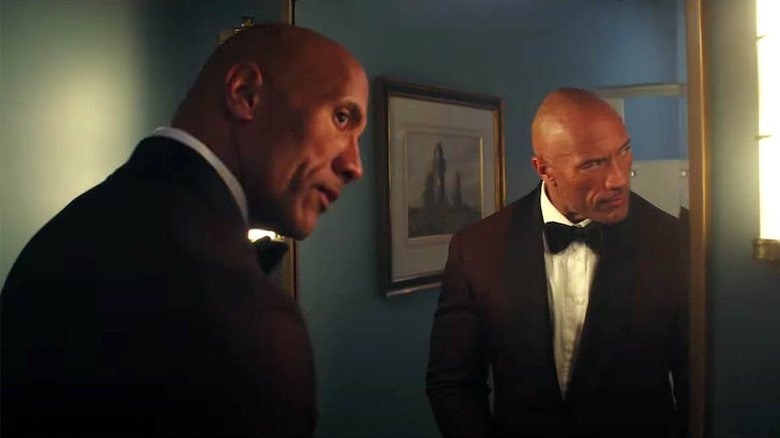 Red Notice Dwayne Johnson wears tuxedo