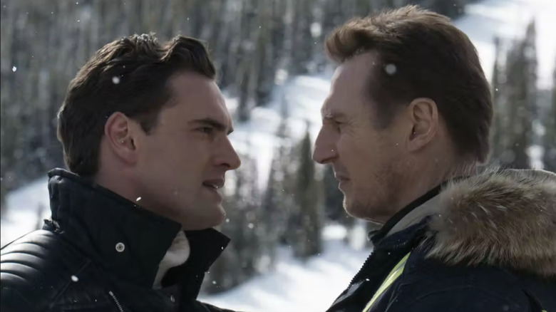 Liam Neeson and Tom Bateman talking in Cold Pursuit