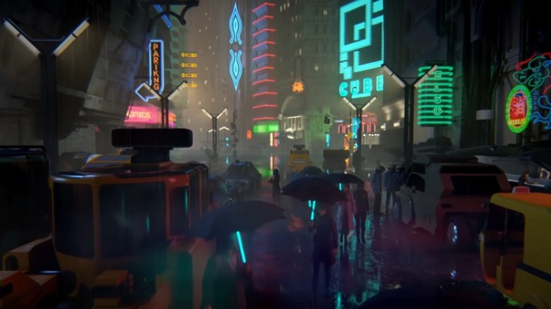 Elle runs through neon-lit city