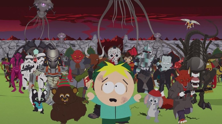 Butters runs from the evil characters in Imaginationland