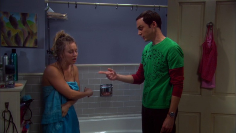 Penny and Sheldon in bathroom