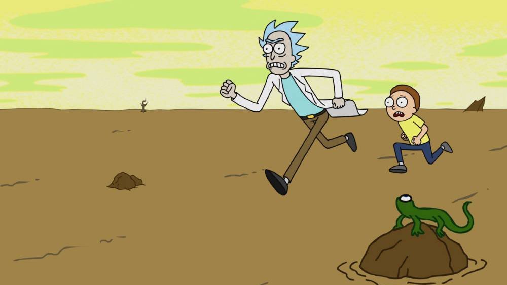 Rick and Morty escape from untold danger in the opening sequence