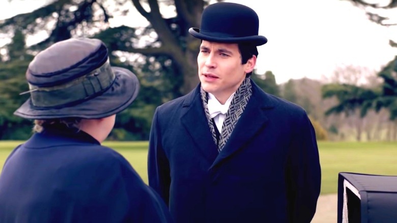 Barrow arguing with Nanny West in Downton Abbey