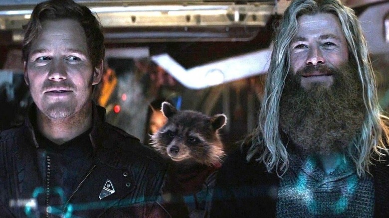 Star-Lord, Thor, and Rocket Raccoon smiling